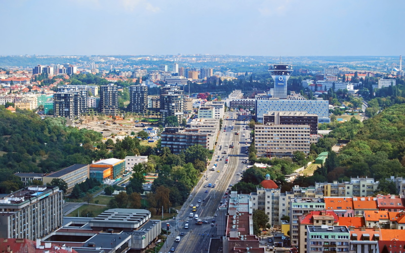 16 - An aerial view of Olšanská street looking toward the Žižkov Television Tower in Prague, Czech Republic